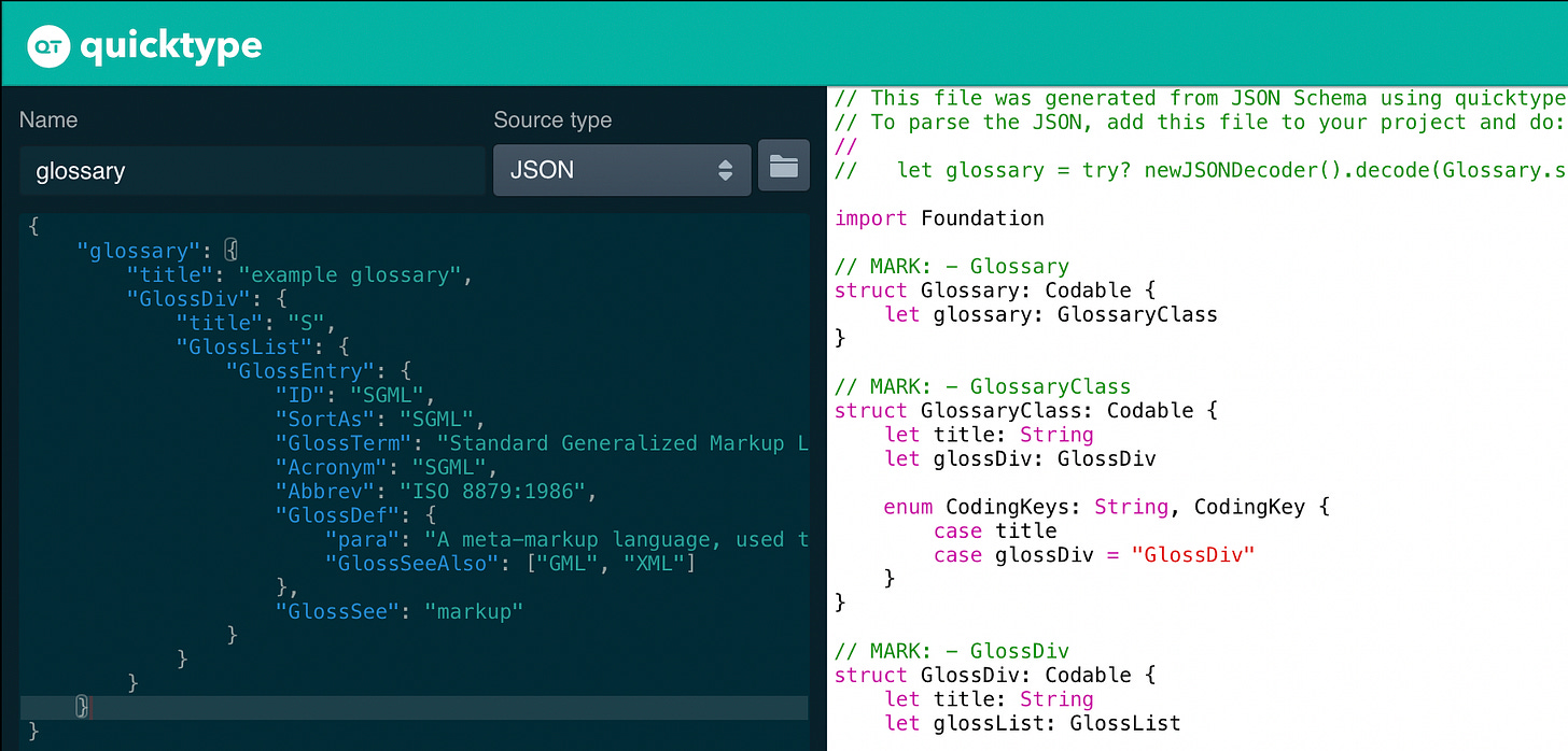 screenshot showing swift data structures and code generated from input json