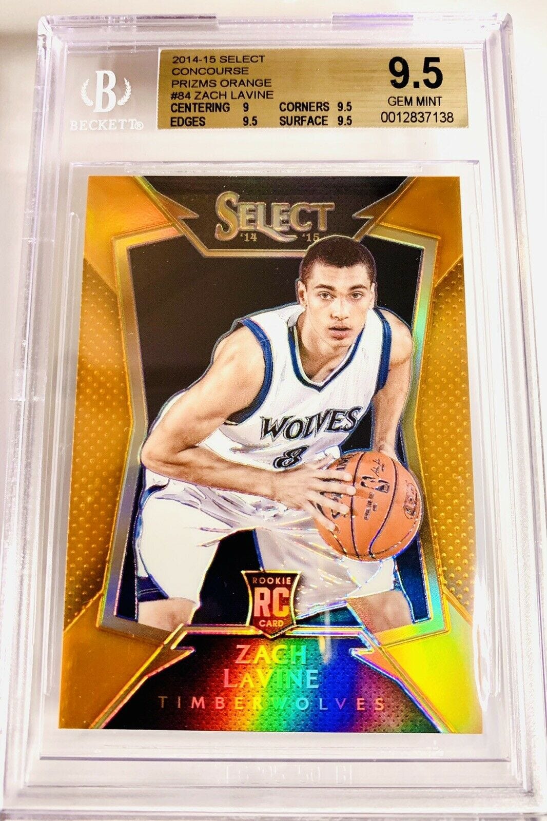 Image 1 - 2014-15-SELECT-ZACH-LAVINE-ORANGE-PRIZM-RC-REFRACTOR-SP-60-BGS-9-5-GEM-MINT