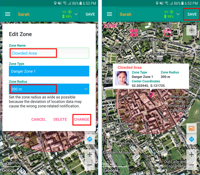 GeoFamily Controller App User Saves Edited Zone - Screen | GPS Tracking App
