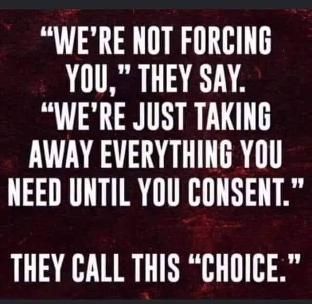 May be an image of one or more people and text that says ""WE'RE NOT FORCING YOU," THEY SAY. "WE'RE JUST TAKING AWAY EVERYTHING YOU NEED UNTIL YOU CONSENT." THEY CALL THIS "CHOICE.""