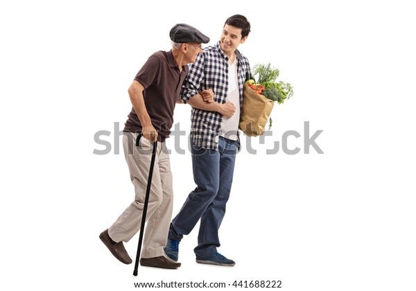 Kind young man helping a senior gentleman with his groceries isolated on white background