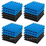 JBER Acoustic Sound Foam Panels, 24 Pack 2" X 12" X 12" Blue and Black Soundproofing Treatment Studio Wall Padding Sound Absorbing Fireproof Pyramid Acoustic Treatment