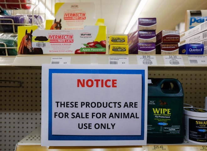 A sign at a Missouri store warns customers that Ivermectin is "for sale for animal use only."