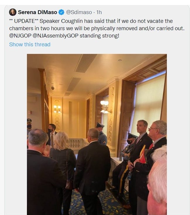 May be an image of 6 people and text that says 'Serena DiMaso @Sdimaso 1h **UPDATE** Speaker Coughlin has said that if we do not vacate the chambers in two hours we will be physically removed and/or carried out. @NJGOP @NJAssemblyGOP standing strong! Show this thread 2 CC%'