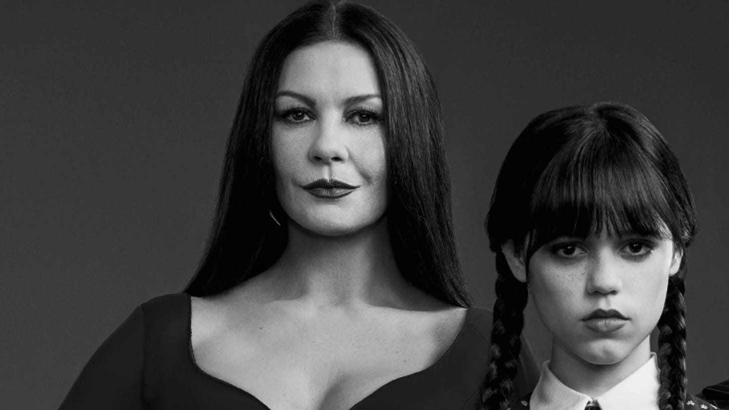 Netflix's "Wednesday" cast of Morticia and Wednesday Addams.