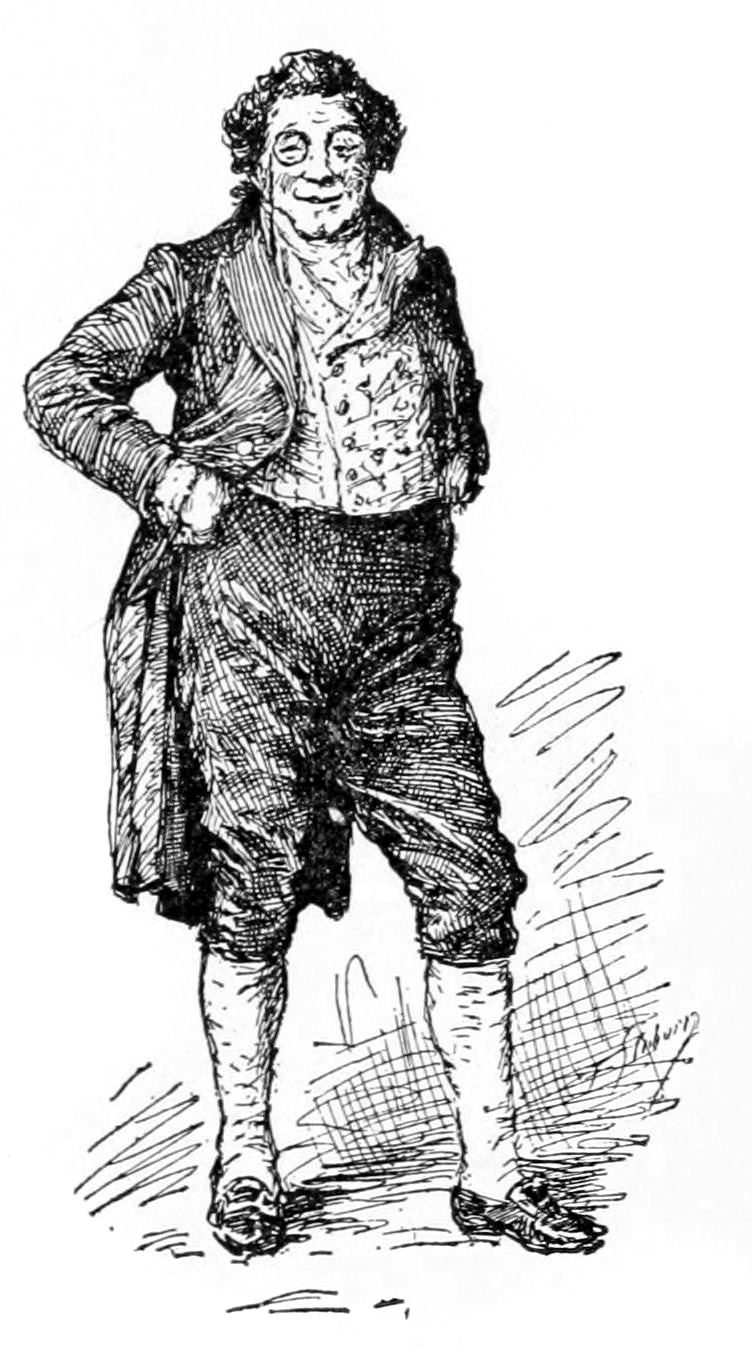 Full-body portrait of Mr. Fezziwig, a smiling man wearing a monocle