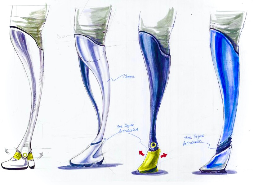 Graceful line drawings of four prosthetic lower legs in shades of blue. 