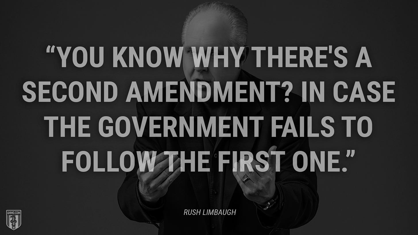 “You know why there's a Second Amendment? In case the government fails to follow the first one.” - Rush Limbaugh