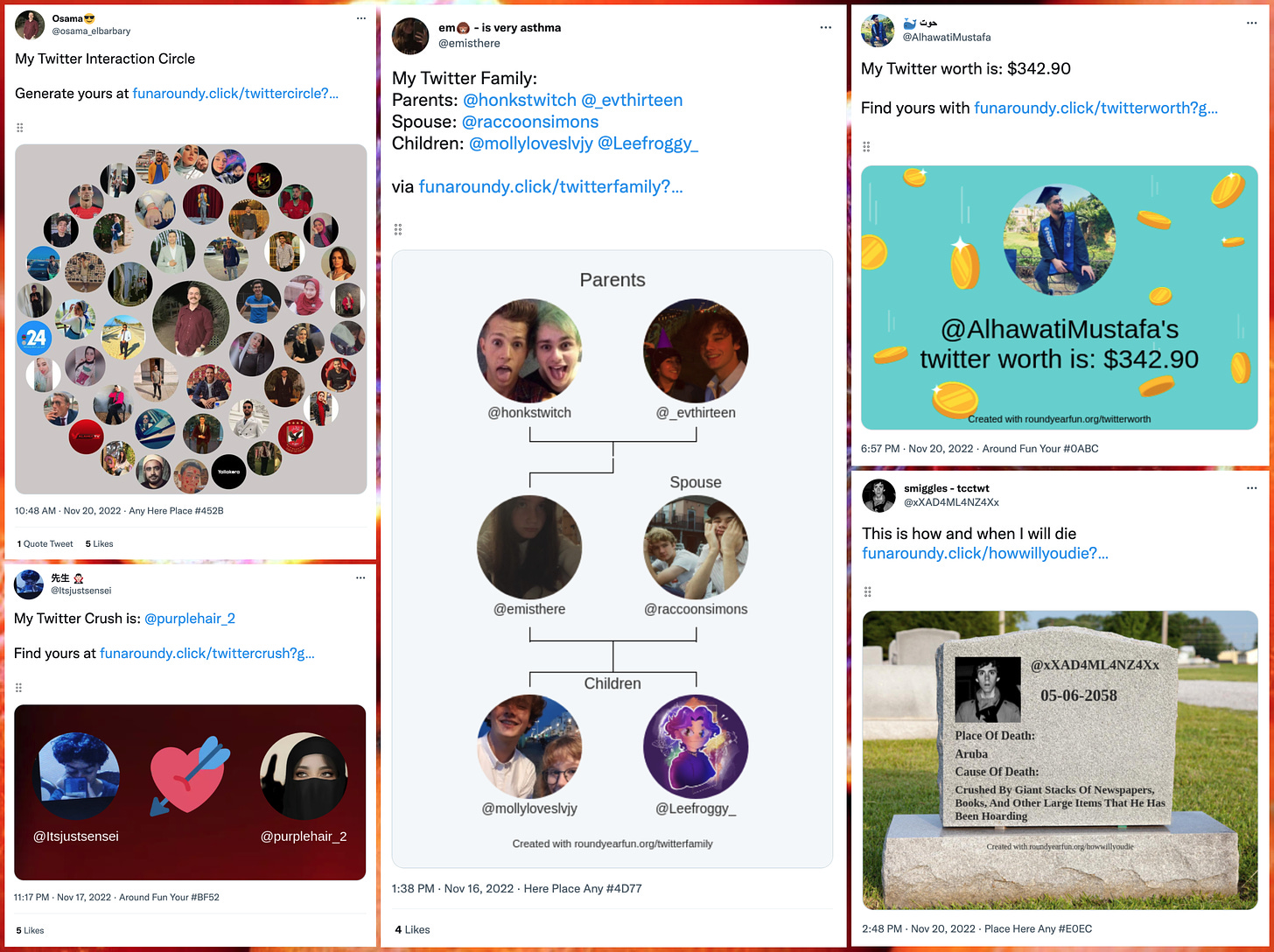 collage of Round Year Fun tweets ("My Twitter Family", "My Twitter Crush", etc)