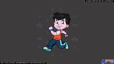 A young male kid with black hair, wearing blue wristbands, orange shirt with white sleeves, blue jogging pants and rubber shoes, looks to his right as he jogs happily, lips sealed in a smirk. Source: Clipart cartoon of a boy running confidently.