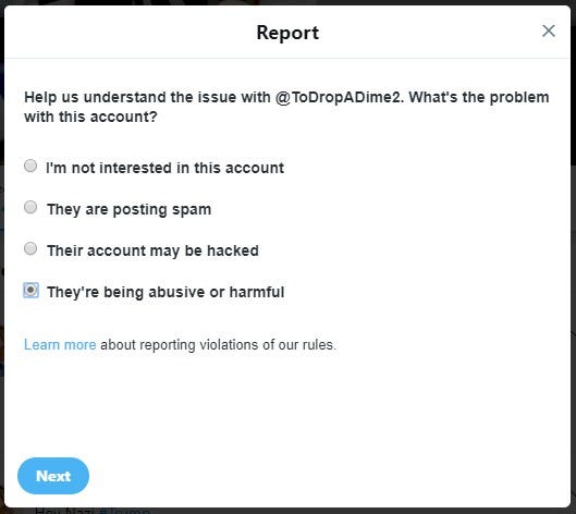 Screenshot of Twitter's reporting an account window