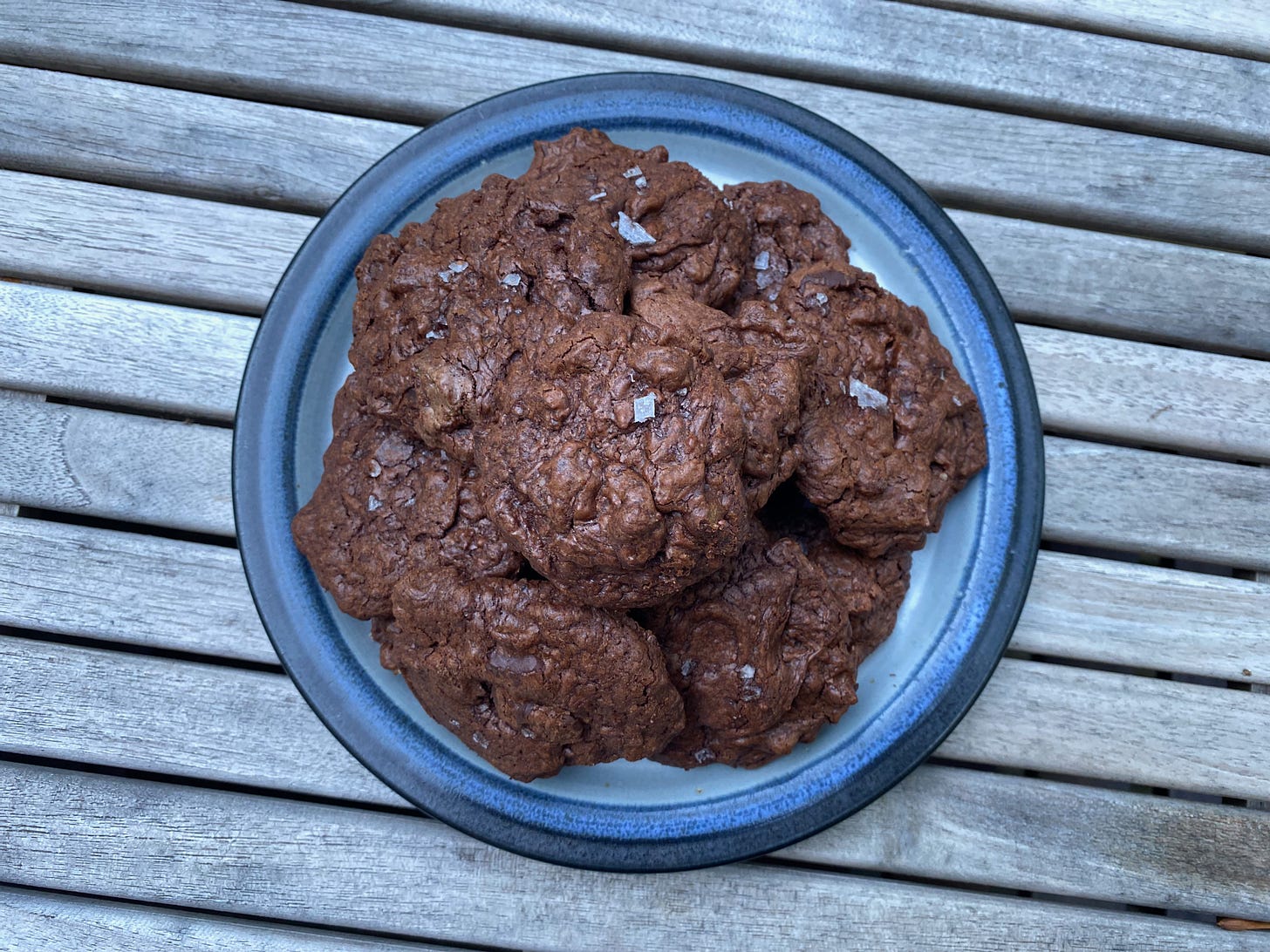 A plate of crinkly chocolate cookies on an outdoor table.