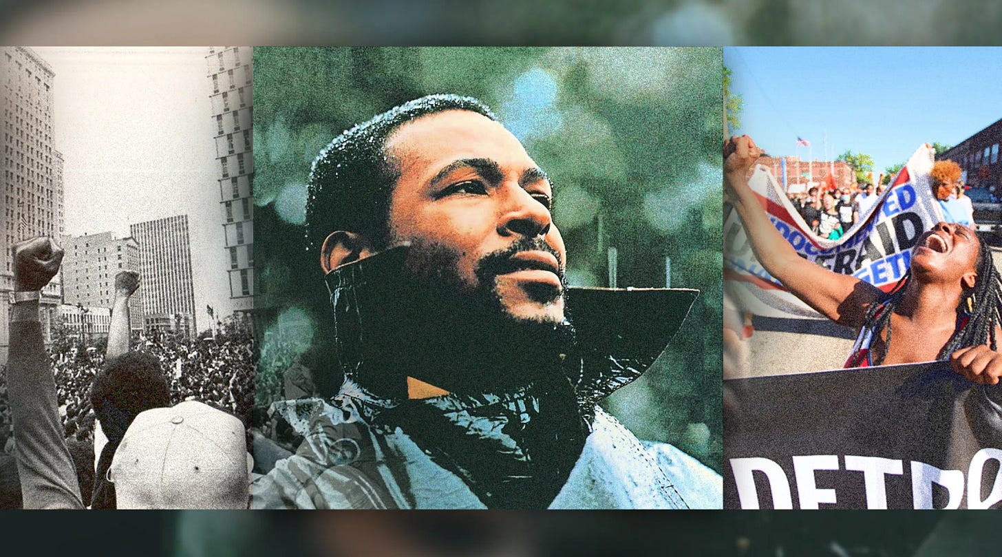 This triptych shows images that illustrate how Marvin Gaye's 1971 album What's Going On remains as relevant in 2022 as it was in 1971. On the left is a black-and-white image of a protest march from the late 1960s or early 1970s. In the center is What's Going On's cover image of Marvin Gaye. On the right is an image of a protest march from Summer 2020 (provoked by the murder of George Floyd in Minneapolis, Minnesota). This triptych shows images that illustrate how Marvin Gaye's 1971 album What's Going On remains as relevant in 2022 as it was in 1971. On the left is a black-and-white image of a protest march from the late 1960s or early 1970s. In the center is What's Going On's cover image of Marvin Gaye. On the right is an image of a protest march from Summer 2020 (provoked by the murder of George Floyd in Minneapolis, Minnesota).