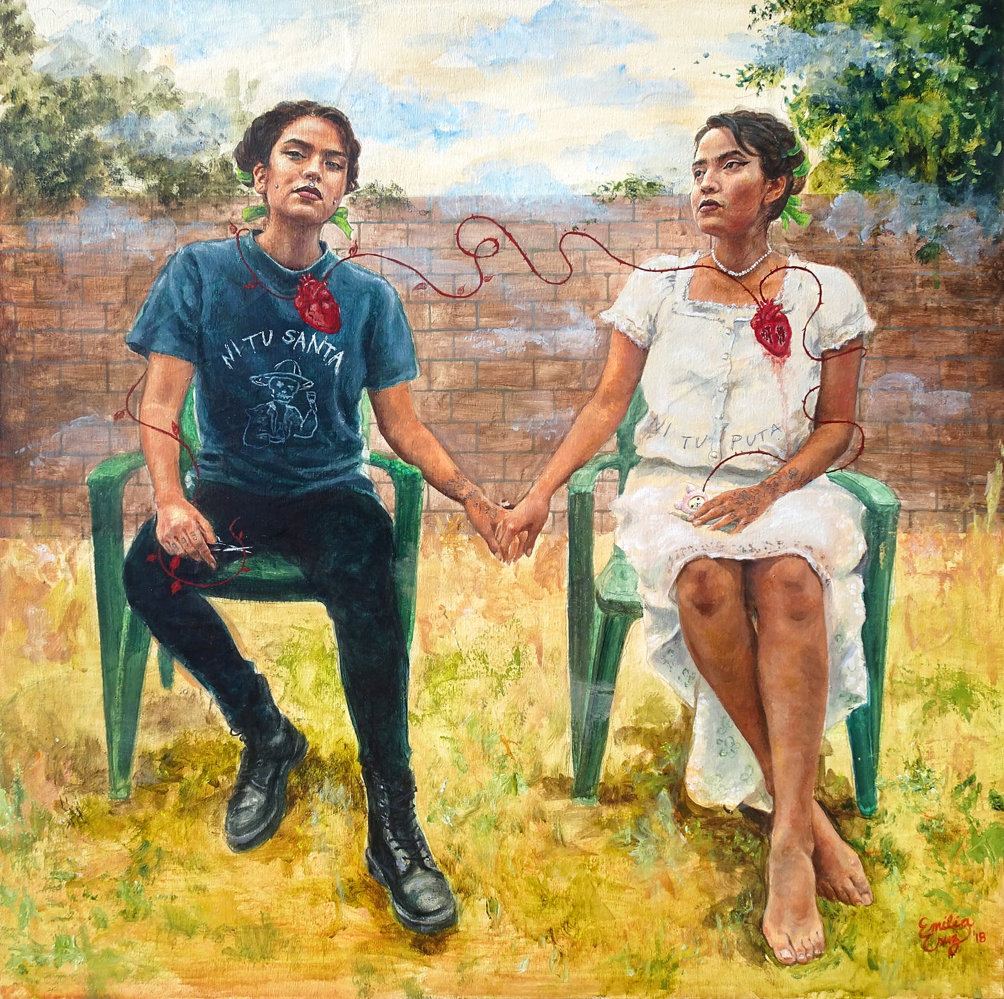 Painting of two women sitting side by side in green chairs on yellow grass against a brick wall, holding hands 