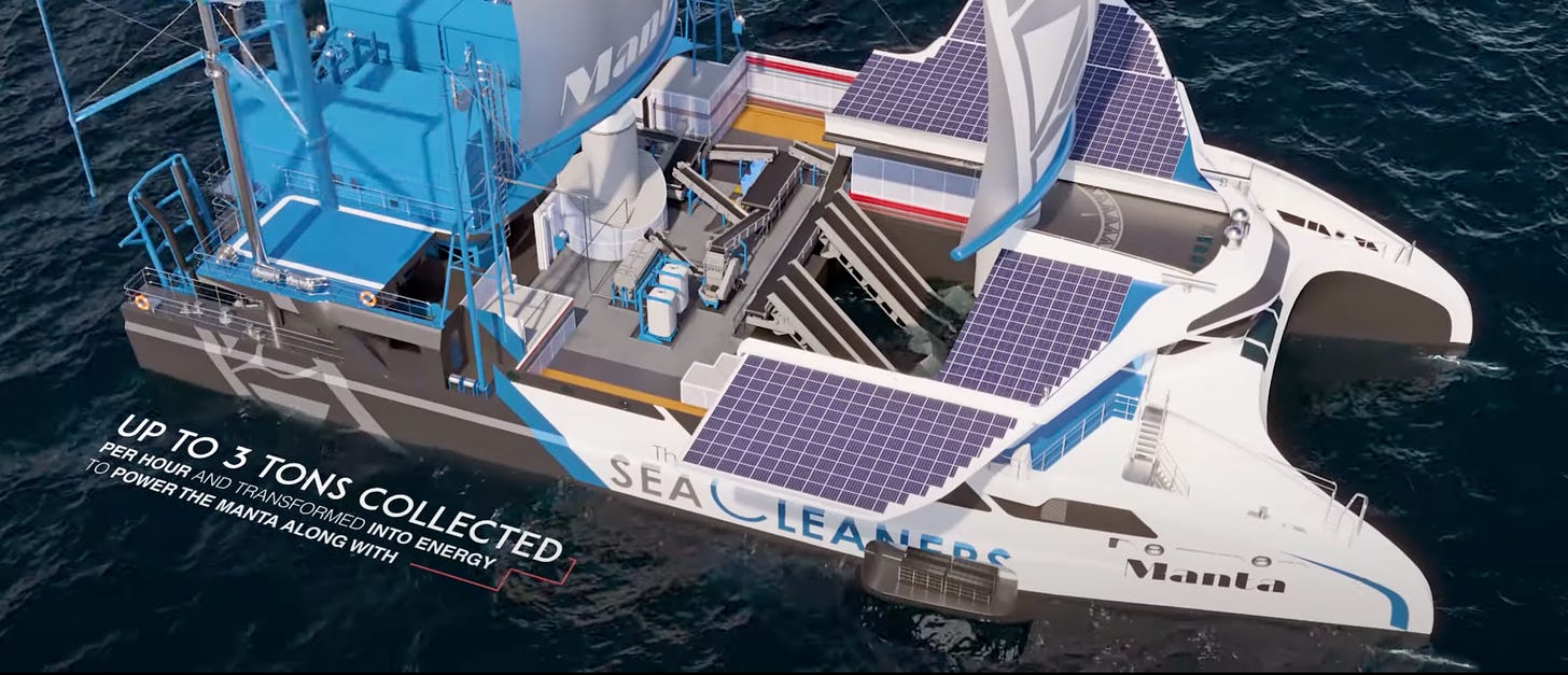 Manta is a ship that collects waste plastic and turns it into energy that can power the ship
