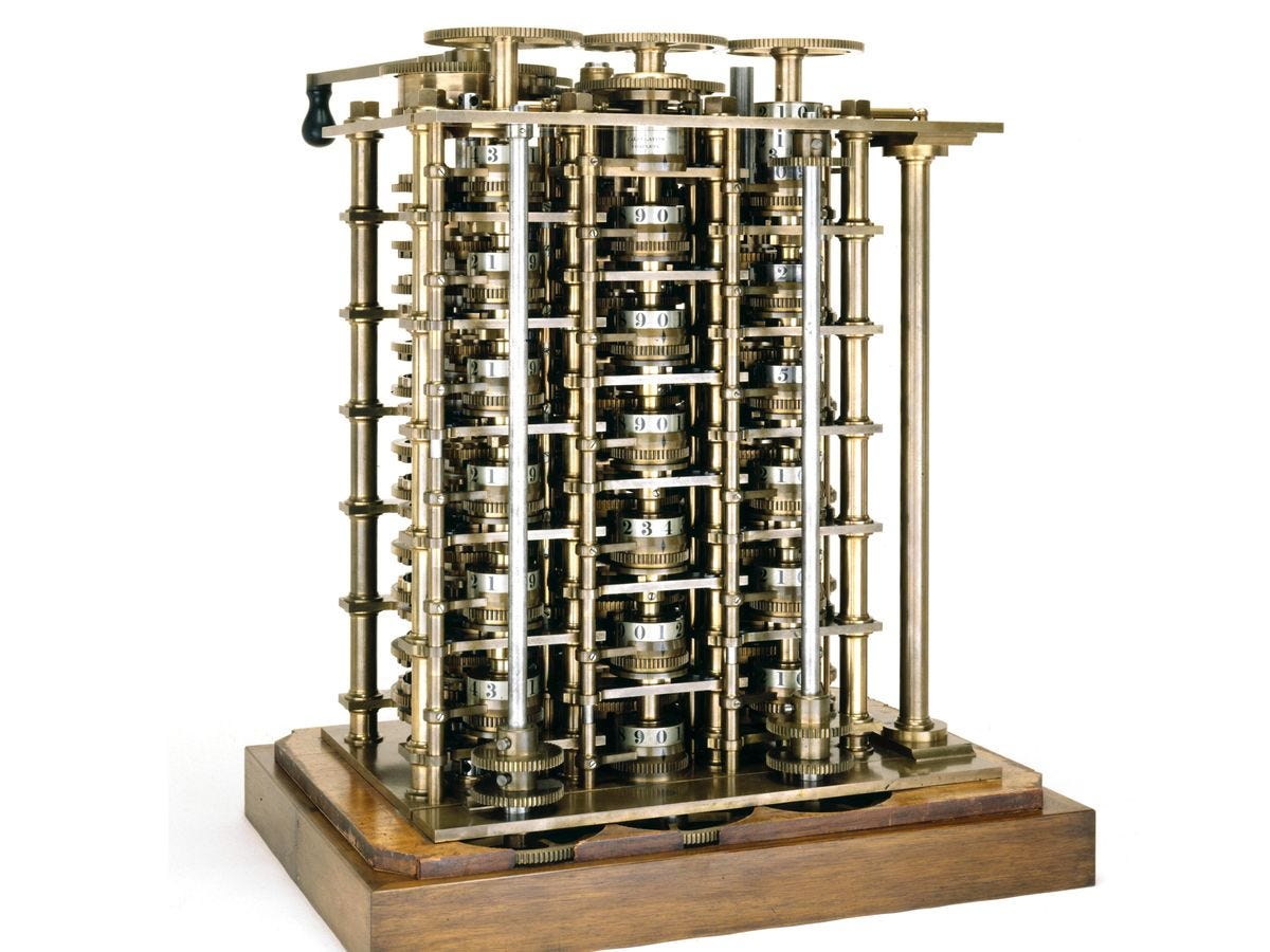 An intricate metal clockwork consisting of columns of toothed gears on a rectangular wooden base.