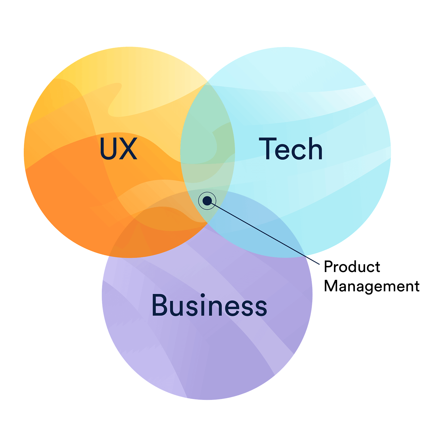 Venn diagram with three intersecting circles: Business, Technology, and User. Product Management is at the intersection