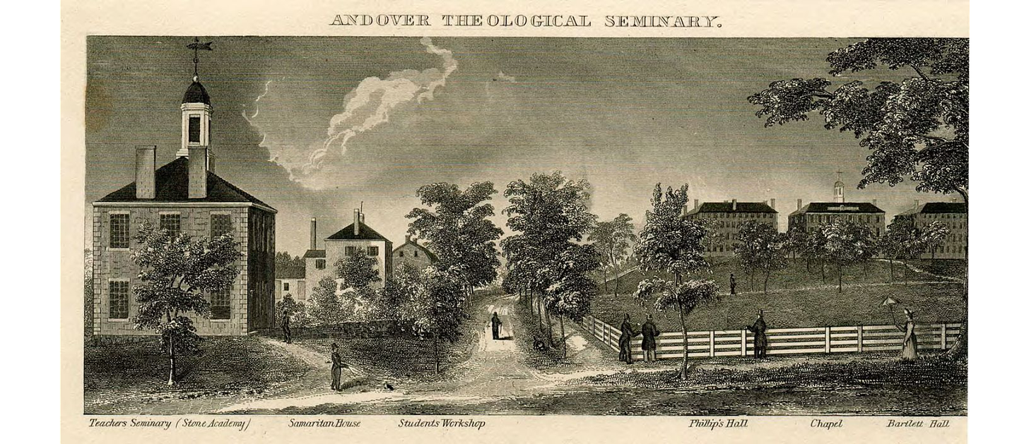 black and white engraving of several buildings and people strolling around green enclosed by fence. 