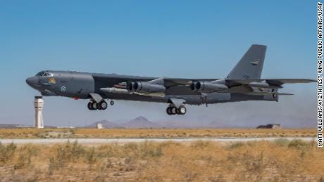 A B-52H Stratofortress assigned to the 419th Flight Test Squadron takes off from Edwards Air Force Base, California, Aug. 8. The aircraft conducted a captive-carry flight test of the AGM-183A Air-launched Rapid Response Weapon Instrumented Measurement Vehicle 2 hypersonic prototype at the Point Mugu Sea Range off the Southern California coast. (Air Force photo by Matt Williams)