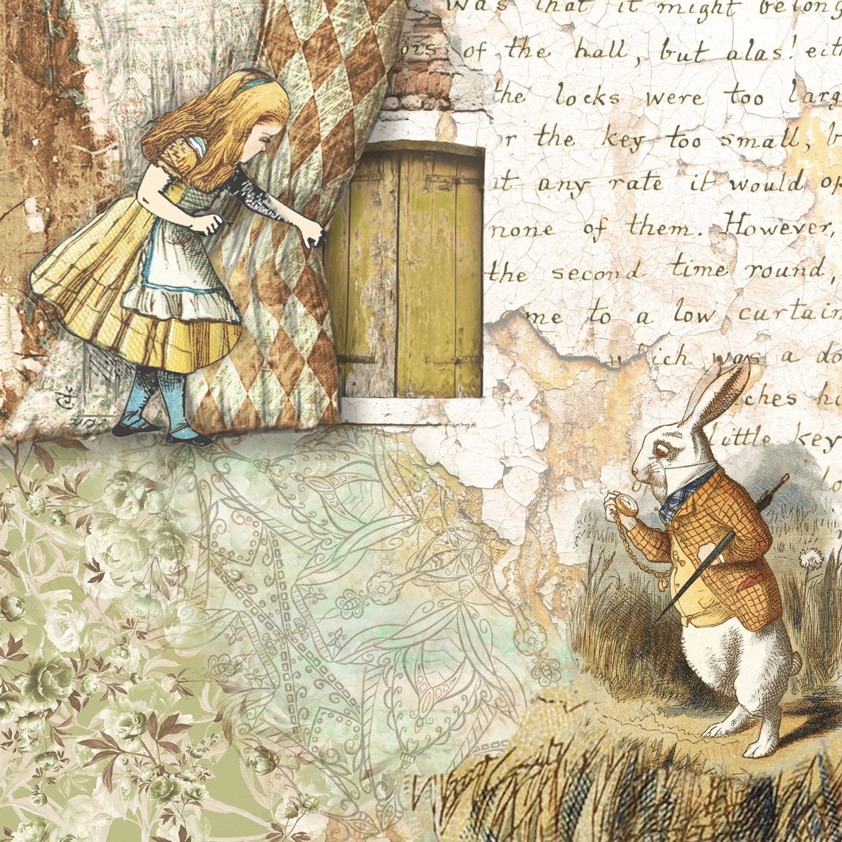 Alice Pulling Back the Curtain; White Rabbit Checking Watch
