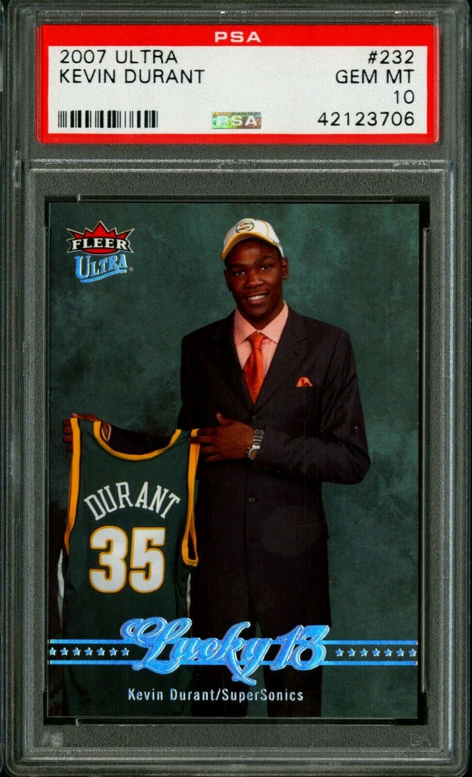 Image 1 - 2007-Kevin-Durant-Fleer-Ultra-RC-232-Rookie-PSA-10-Lucky-13-Silver-Prizm-Gem-35