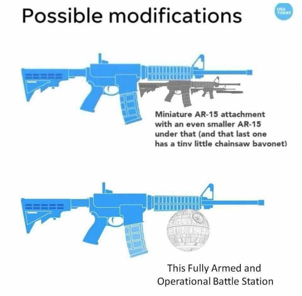 May be an image of text that says 'Possible modifications TODAY Miniature AR-15 attachment with an even smaller AR-15 under that (and that last one has a tinv little chainsaw bavonet) This Fully Armed and Operational Battle Station'