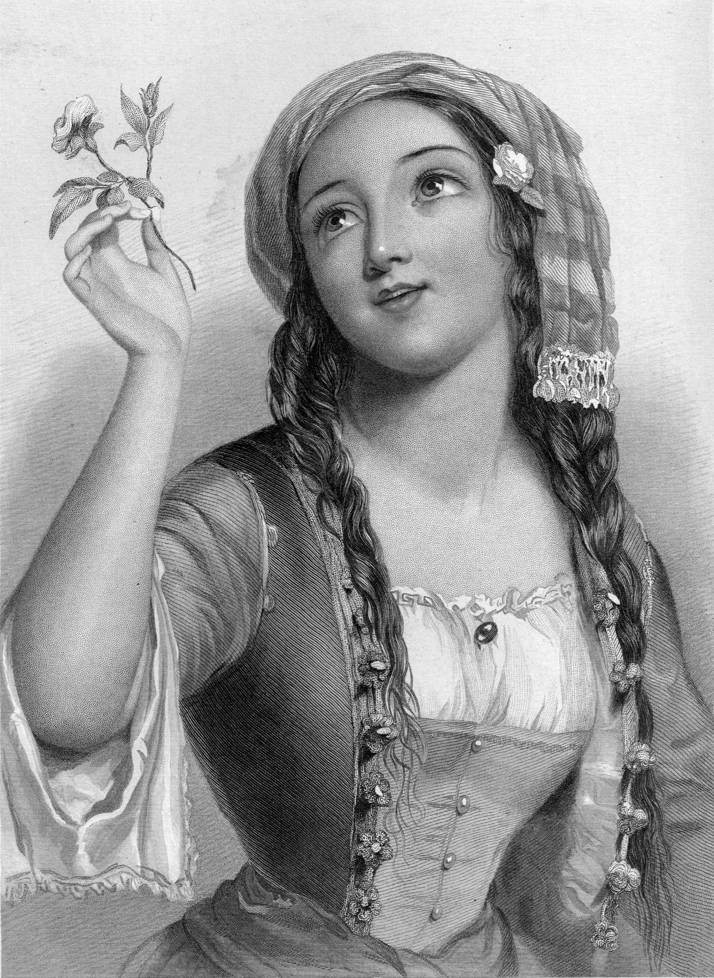 A black and white etching of a young woman with a round face. She wears a scarf around her head and her dark hair in two loose braids. She gazes at a cherry blossom she is holding in one hand.