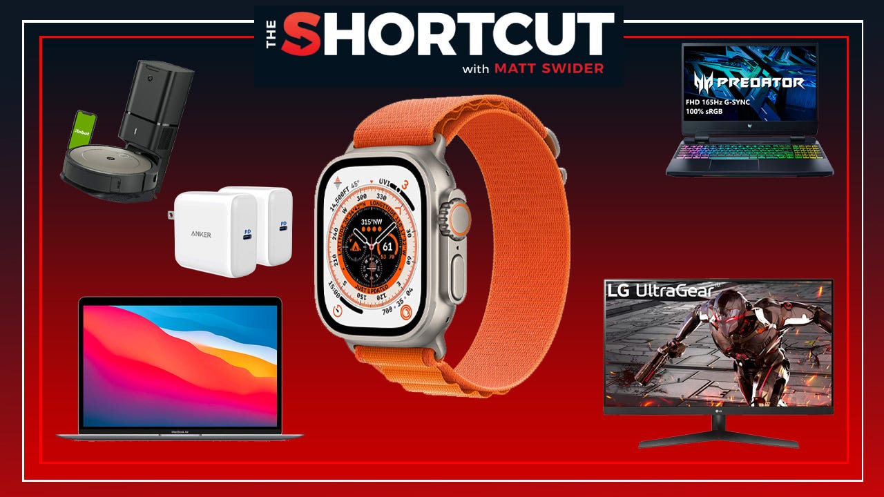 A grouping of some products linked to from this page over a red-to-black vertical gradient background with The Shortcut logo centered at the top