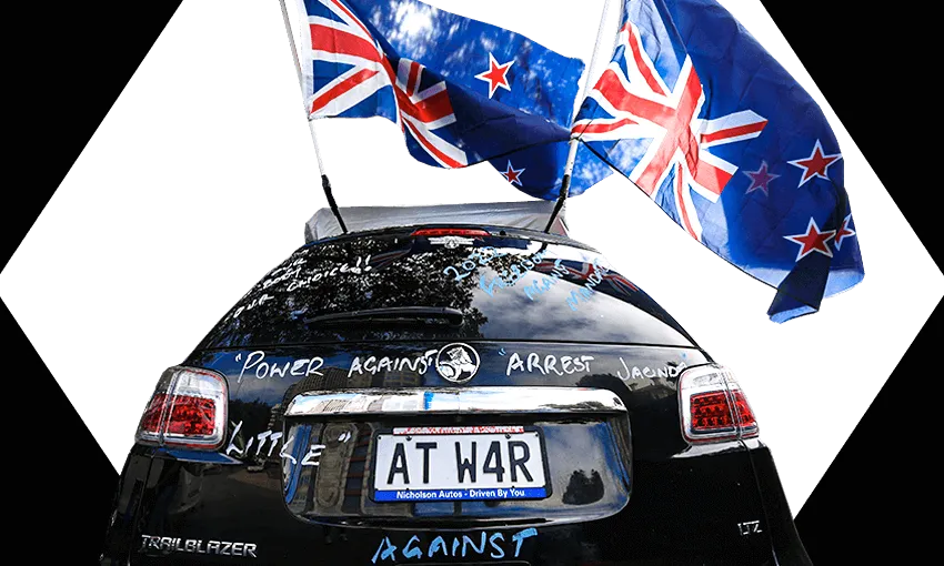 A car parked near parliament during the Covid protest  (Photo: MARTY MELVILLE/AFP via Getty Images, additional design by Tina Tiller) 
