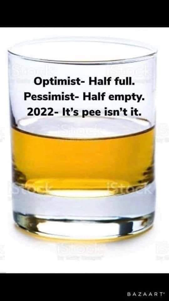May be an image of drink and text that says 'Optimist- Half full. Pessimist- Half empty. 2022- It's pee isn't it. BAZAART'