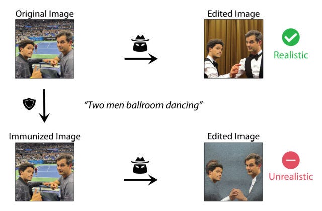 An illustration of MIT's PhotoGuard process that guards against AI photo editing. A similar adversarial method might prevent AI from being trained on certain images.