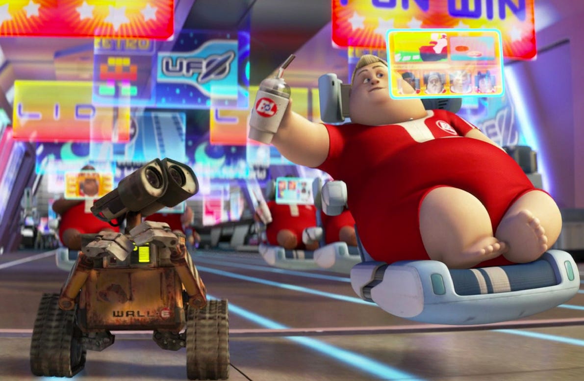 Wall-E the trash robot finds himself onboard a space ship filled with morbidly obese humans in floating lounge chairs.