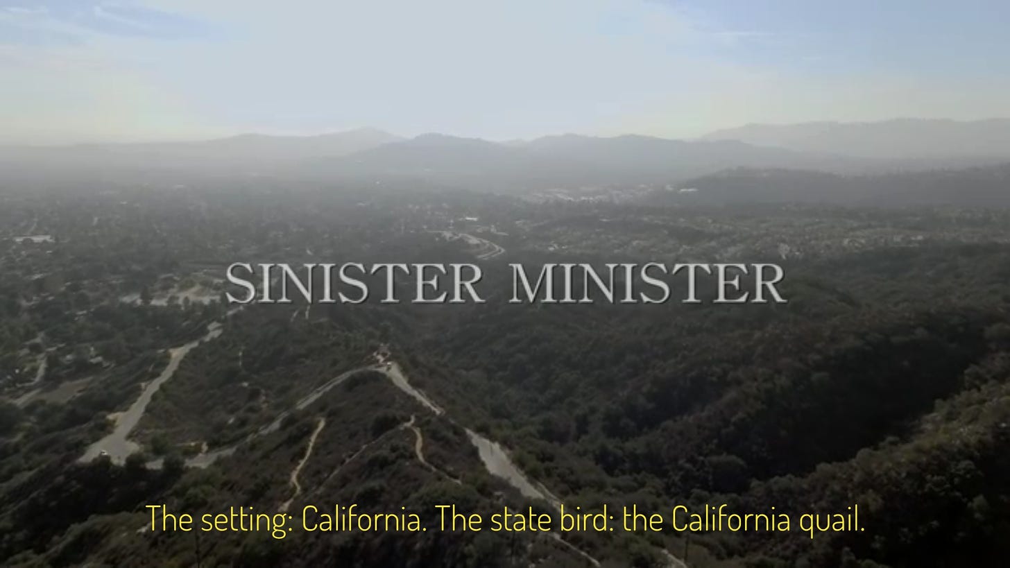 The title over a landscape shot of California mountains. Captioned "The setting: California. The state bird: the California quail."