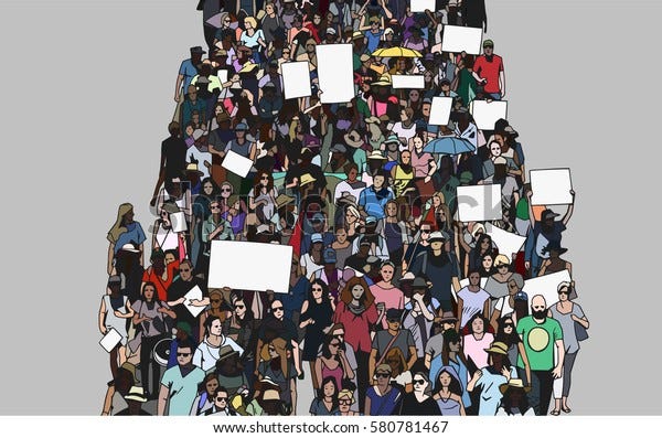 Illustration de la marche de la foule et de la manifestation avec des pancartes et des banderoles vierges, en couleur,