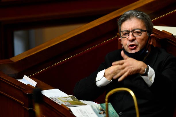 President of the french extreme left political party Jean Luc Melenchon reacts as ministers answer deputies during the weekly session of questions to...