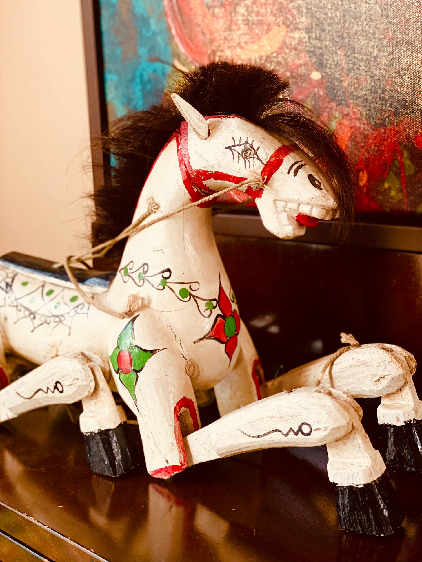wooden marionette horse with horse hair, braying, koreen heaver