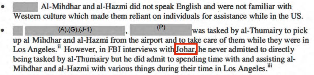 Screen shot of an FBI document in which Johar's name is redacted on the first reference but exposed on the second one