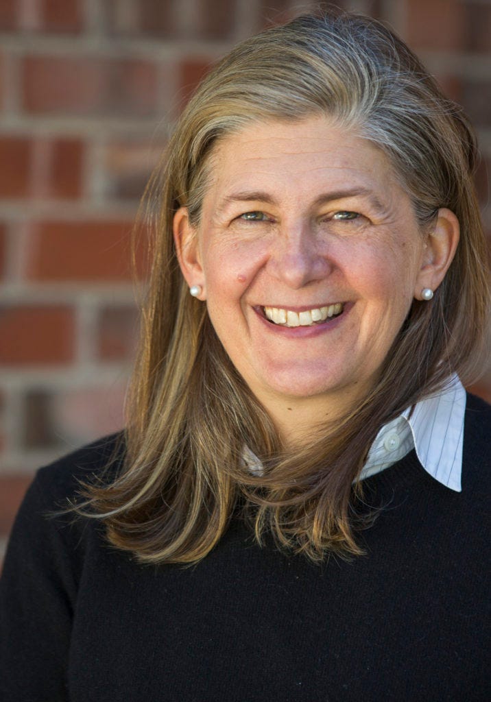 Author S. Kirk Walsh, a light skinned woman with sandy blond and gray hair down to her shoulders, is standing in front of a red brick wall wearing pearl earrings, a black sweater, a light blue striped shirt underneath. 