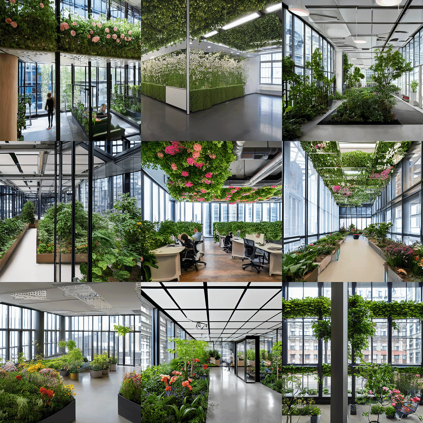 'new york city office, open floor plan, garden with flowers, glass partitions, archviz, archdaily, dreamy'