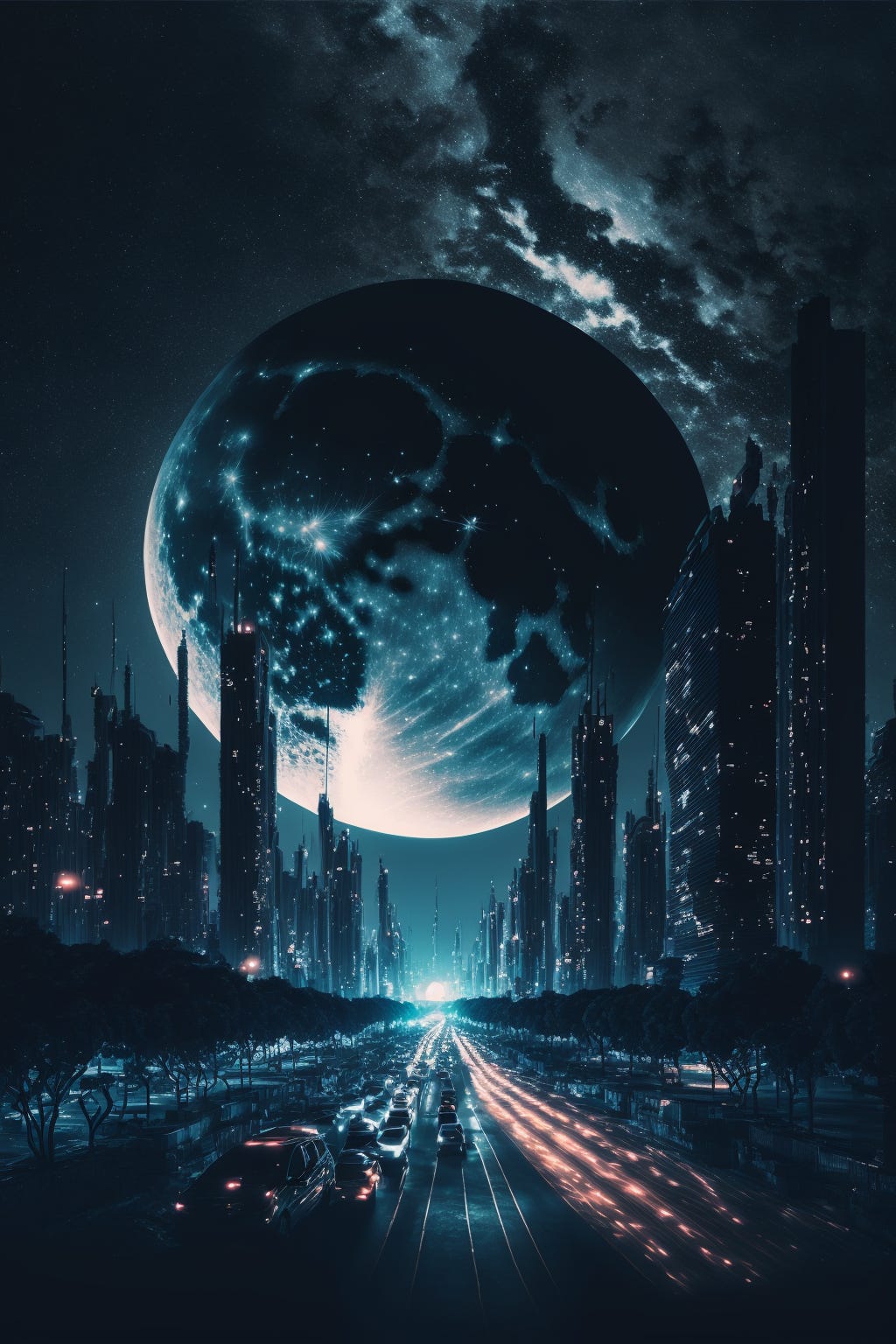 city by night with glow fully moon,milkyway, matrixcode blue,epic,high details,full details,high resolution,dynamic lighting,rendering,realism