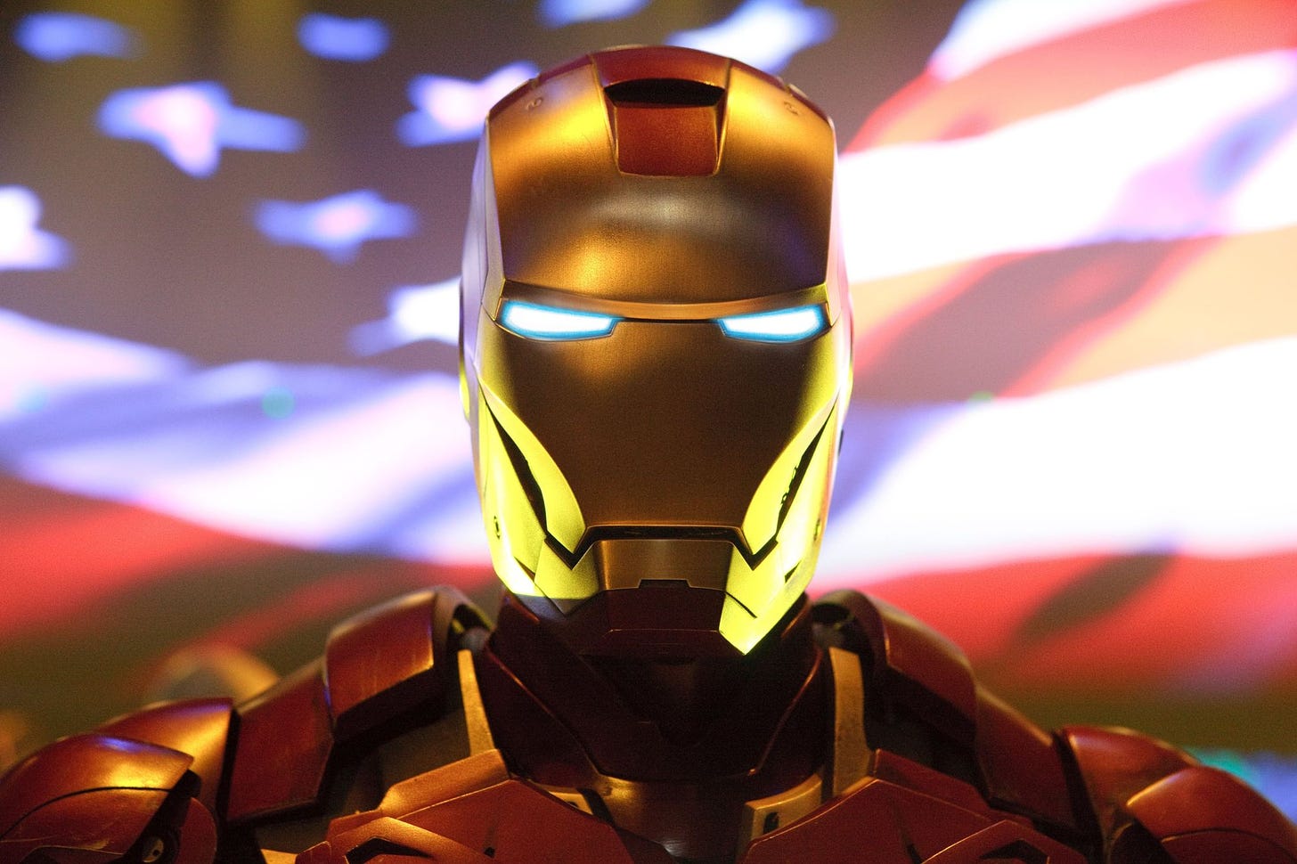 Iron Man in front of an American Flag.