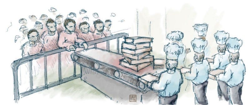 People in Chefs hats dropping food boxes in a pile on a conveyor belt, while a crowd gathers that cannot receive their boxes of food. Illustration by Valentin Besson. https://valutin.com/