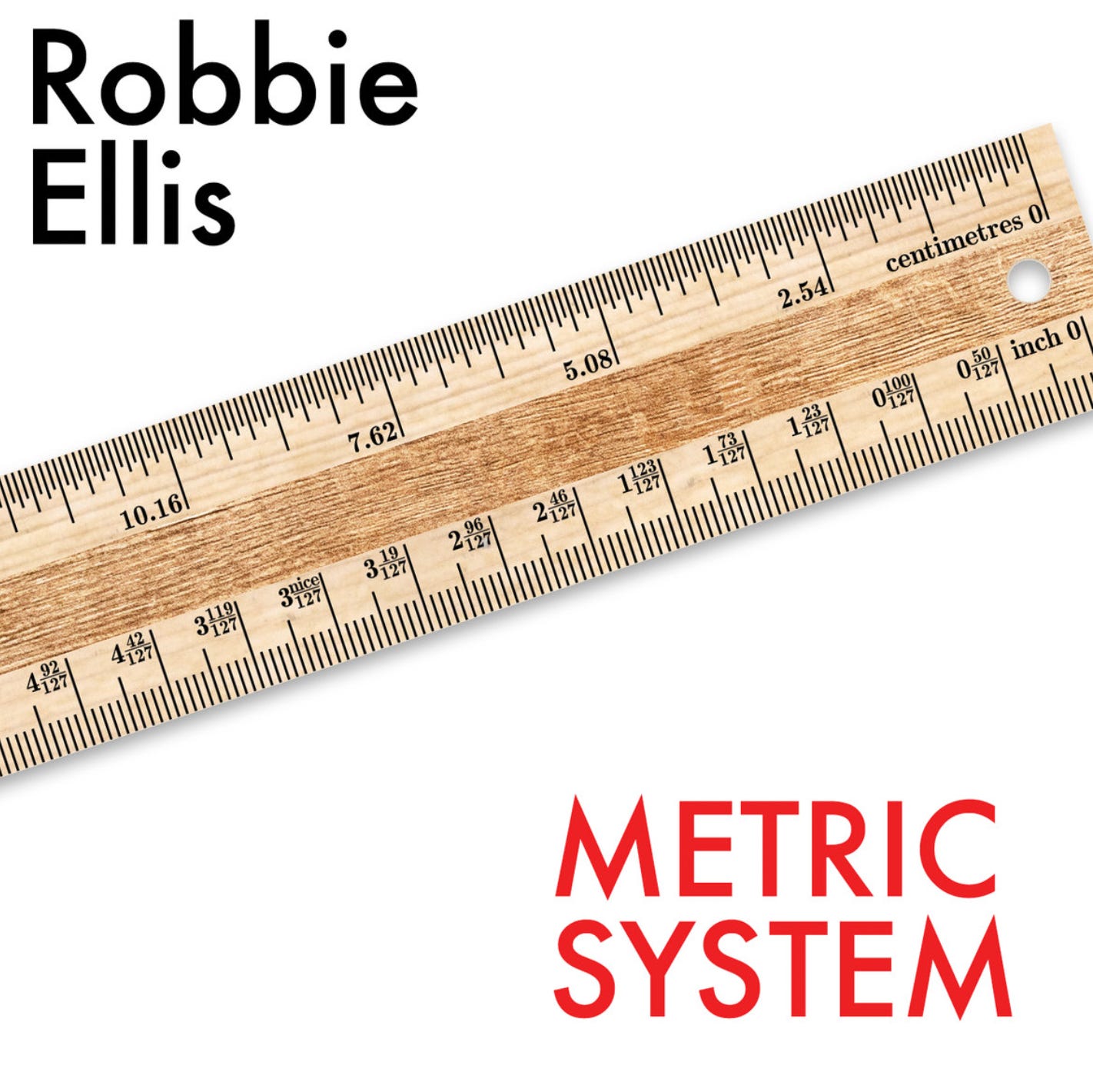 Text: Robbie Ellis, Metric System. Includes an image of a rule where the inches markings are labelled with centimetres and vice versa. Very confusing.