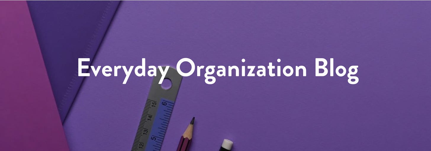 Everyday Organization Blog text overlaying purple background with pencil and ruler.