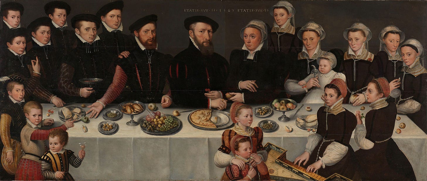 Painging from the mid-1500s of a merchant, his wife, their eighteen children, their son-in-law, and their first grandchild, around a table filled with food