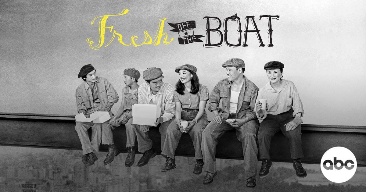 promotional art for Fresh Off the Boat on ABC, a black and white parody of the famous photograph "Lunch atop a Skyscraper," only with cast members instead 