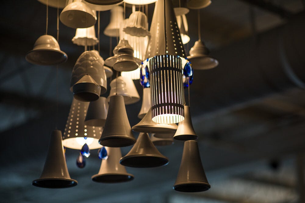 Details of chandeliers at Amélie’s Bakery in Atlanta.