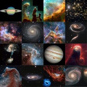 Image shows a tiled collage of pictures taken by the Hubble Space Telescope, 4 images by 4 images. Forgive my failure to provide a description of all 16 pictures.