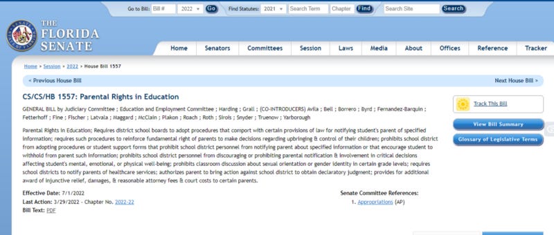 Screenshot of the Florida senate introduction page for HB 1557, The Parental Rights in Education Act.