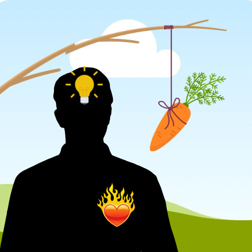A silhouette against blue sky background. A stick hangs overhead & a carrot dangling in front; a light bulb dining in the head; a heart aflame in the chest.